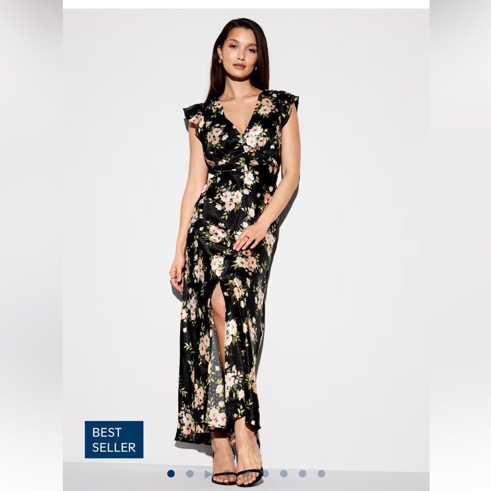 Old Navy black satin floral Maxi Sundress with Flutter Sleeves